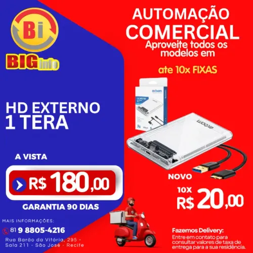 HD Externo 1TB USB 3.0 com Case Transparente para PC, PS4, Xbox e TV - Pronta Entrega