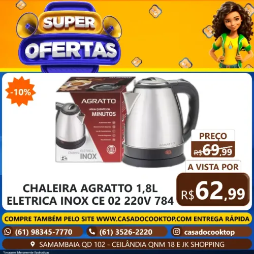 CHALEIRA AGRATTO 1,8L ELETRICA INOX CE-02 220V 784