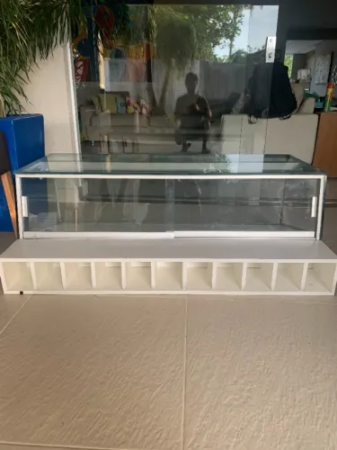 Vitrine expositora em vidro com base de madeira