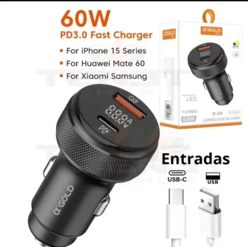 Carregador Veicular 60W Turbo USB e Tipo C Led Fonte Carro Automotivo