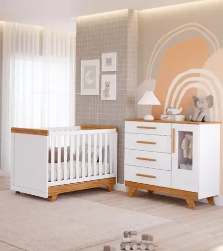 Comoda Retro Liso + Berço Cama Americano Retro, 100% MDF - Peroba 
