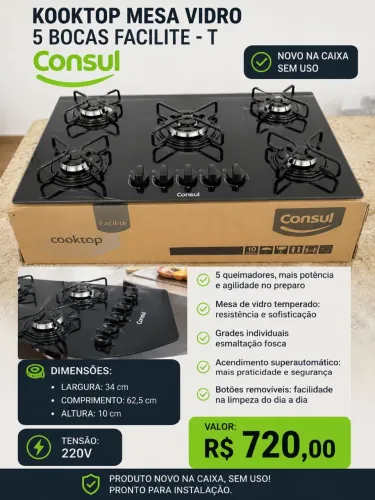 Kooktop mesa vidro 05 bocas Consul Facilite -T 