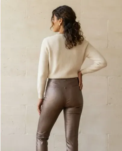 Calça Skinny Couro Sintético Marrom Cintura Alta Tam. P