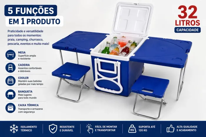 CAIXA TÉRMICA 32L COMPLETA COM MESAS E BANQUETAS | ENTREGA RÁPIDA