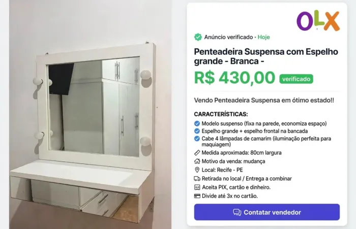 Penteadeira suspensa com espelho grande