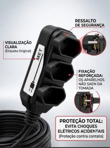 Extensão 10 metros para aparelhos de até 10a com 3 entradas 