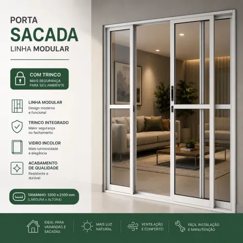 Porta Sacada Alumínio 210x150, 4 Folhas com Trinco Linha Modular  direto da fabrica