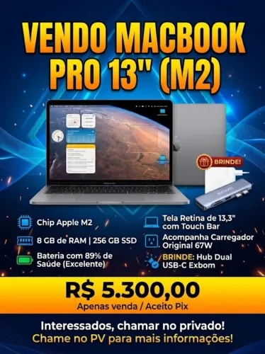 MacBook Pro 13" Apple M2 (2022) | 8GB RAM | 256GB SSD | Carregador 67W + Hub USB-C Exbom M