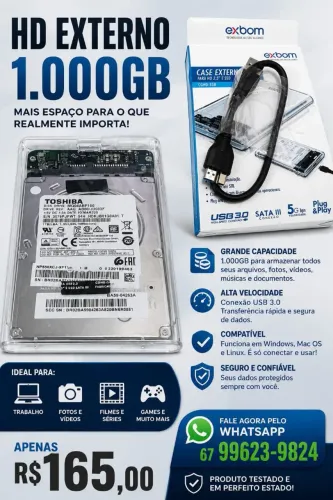 HD externo 1 terá 1000 gigas Toshiba