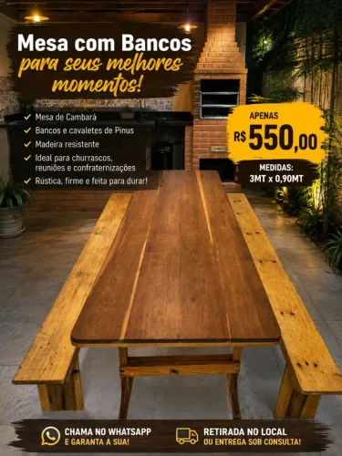 Mesa de cambará com banco e cavaletes de pinus