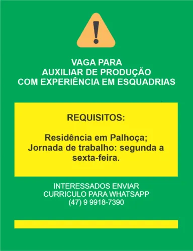 Vaga - Auxiliar de Produção- Com experiência com esquadrias