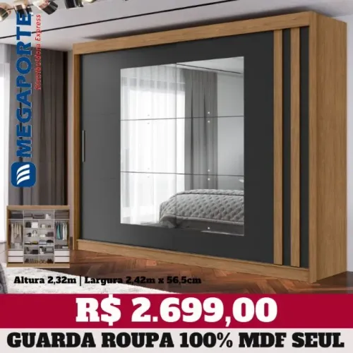 Guarda Roupa Casal 100% MDF 2 Portas de Correr com Espelho Novo) Entrega Grátis!