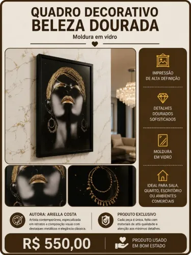 Quadro Decorativo "Beleza Dourada" com Moldura em Vidro - Elegância e Sofisticação