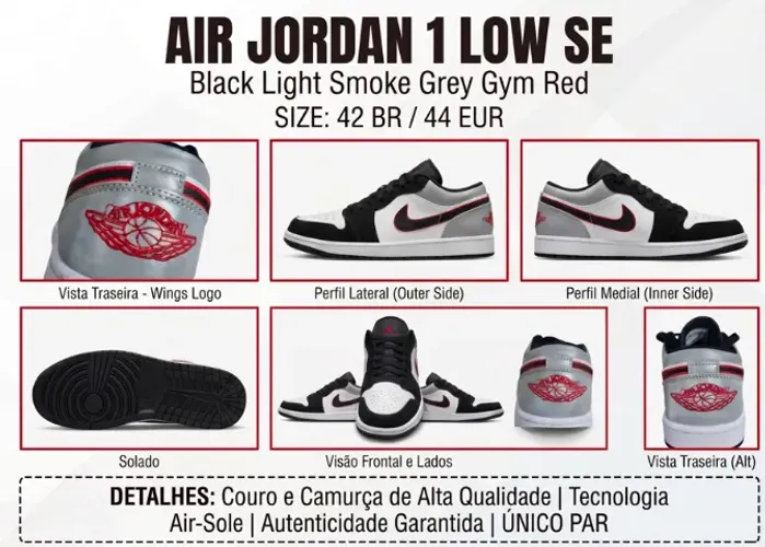 Tênis Nike Air Jordan 1 Low "Black Light Smoke Grey Gym Red"