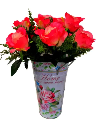 Arranjo De Rosas Realistas Com Vaso Balde Metálico Vintage Arranjo Vintage