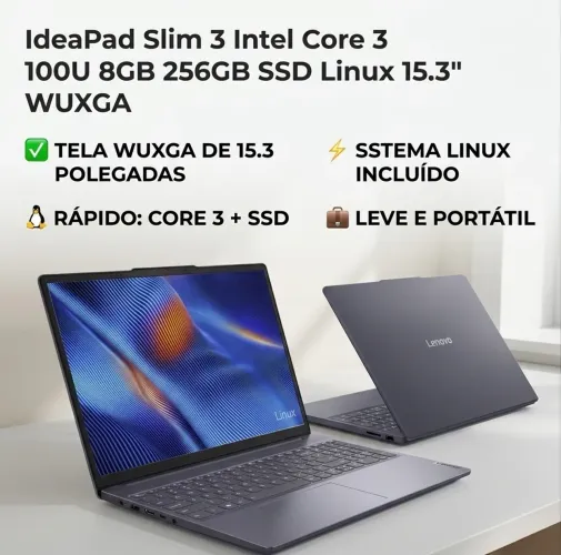 Computador IdeaPad Slim 3 Intel Core 3 100U 8GB 256GB SSD Linux 15.3" WUXGA