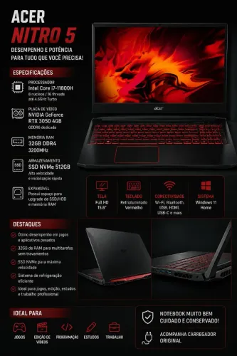 Acer Nitro 5 - i7 11800H | RTX 3050 | 32GB RAM | SSD NVMe 512gb