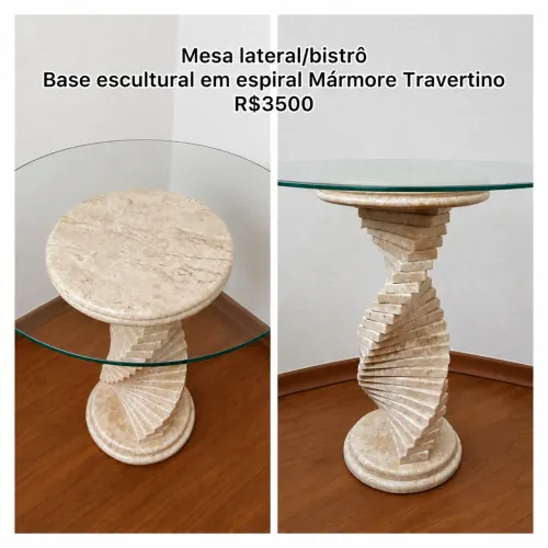Mesa redonda/bistrô base escultural espiral em mármore Travertino