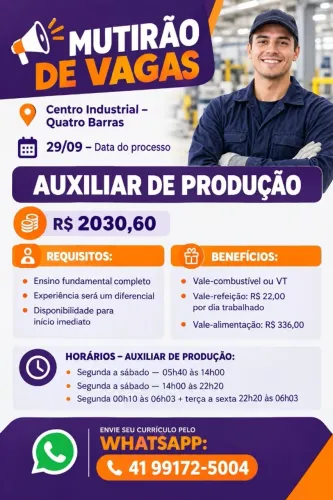 MUTIRÃO DE VAGAS - 29/09 EM QUATRO BARRAS