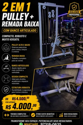 Pulley com remada 2 em 1, banco articulado