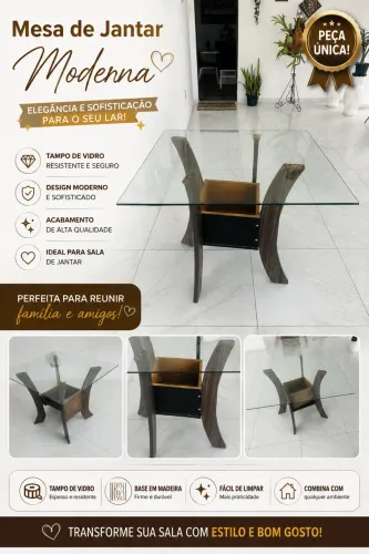 MESA DE JANTAR COM TAMPO DE VIDRO