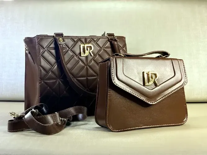 Kit 2 Bolsas Femininas Marrom - Bolsa Grande + Transversal com Detalhes Dourados