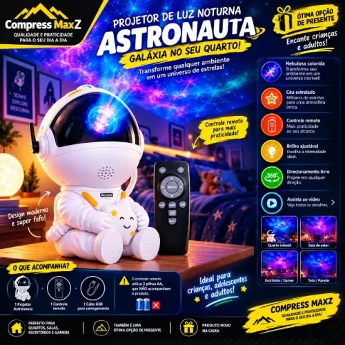 PROJETOR ASTRONAUTA GALÁXIA COM CONTROLE REMOTO - ILUMINE SEU AMBIENTE!