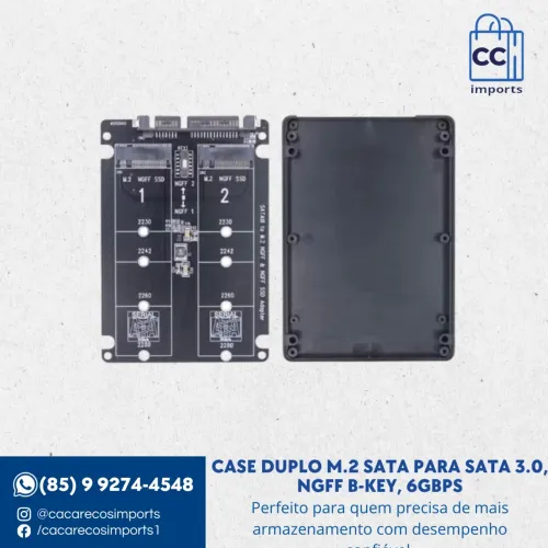 Case Duplo M.2 SATA para SATA 3.0, NGFF B-Key, 6Gbps | Novo | Garantia | Entrega Rápida