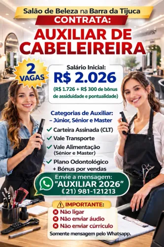 Auxiliar de Cabeleireira (2 vagas) para Salão na Barra da Tijuca. Salário R$ 2.026