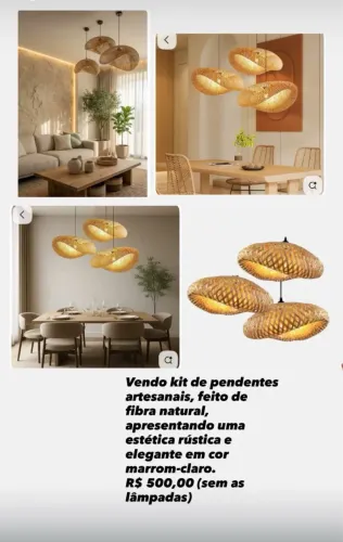 Kit 3 Luminária de Teto Lustre Pendente Bambu Rústico 40cm