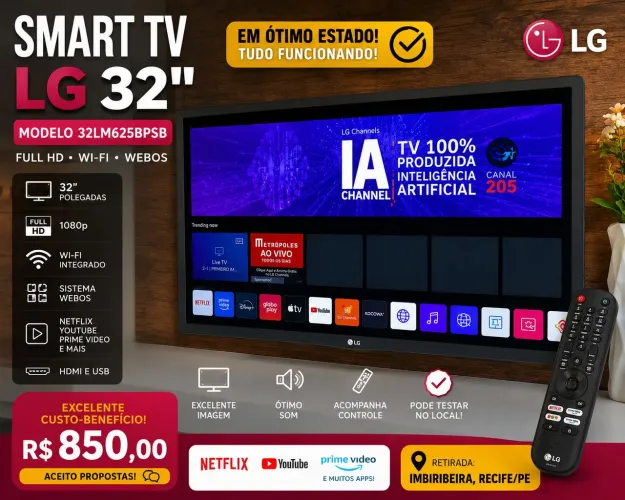 Smart TV LG 32" Full HD Wi-Fi Modelo 32LM625BPSB