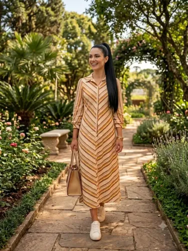 Vestido marfinno listrado de linho