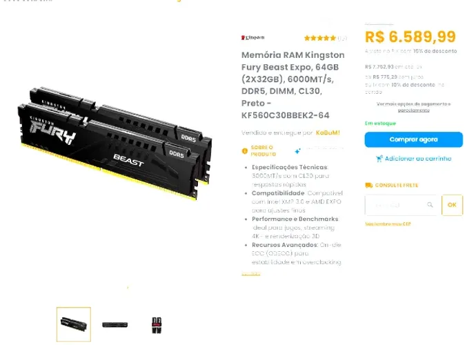 Memória RAM Kingston Fury Beast Expo, 64GB (2X32GB), 6000MT/s, DDR5, CL30