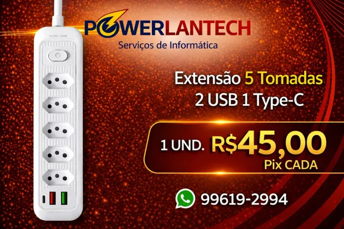 Extensão com 5 Tomadas 2 USB 1 USB-c
