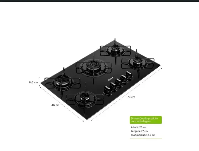 Fogão cooktop 5 bocas a gás consul GLP preto super automático 