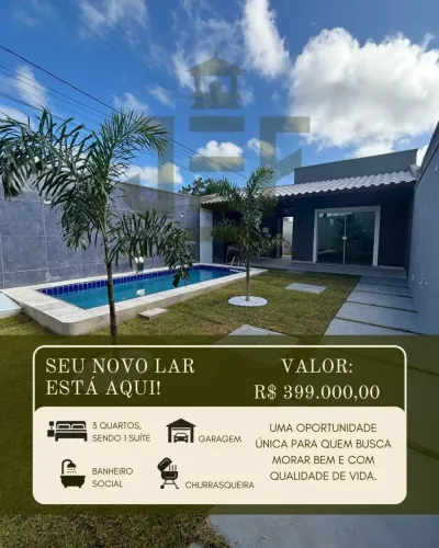 CASA COM PISCINA, 3 QUARTOS, SENDO 1 SUITE
