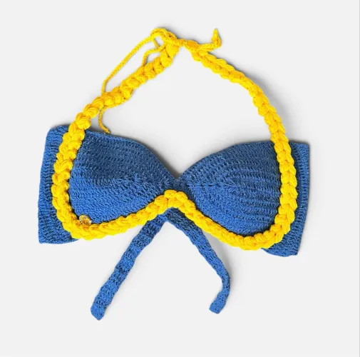 Top Biquíni Crochê Ajustável Azul e Amarelo