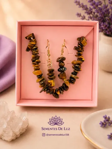 Conjunto Pedra Olho de Tigre | Colar e Brincos Naturais Artesanais