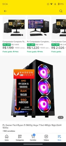 PC Gamer Ryzen 5 5600G 16GB 480GB - Completo + Monitor 21,5pol AOC 