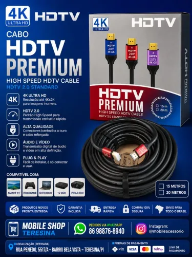 Cabo HDMI 20m 4K Ultra HD - Qualidade máxima para sua TV.