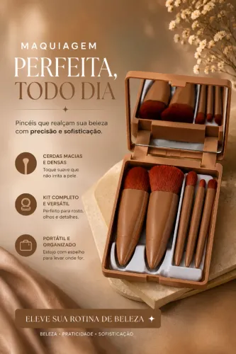 Kit 5 Pincel Maquiagem Com Estojo Espelho.