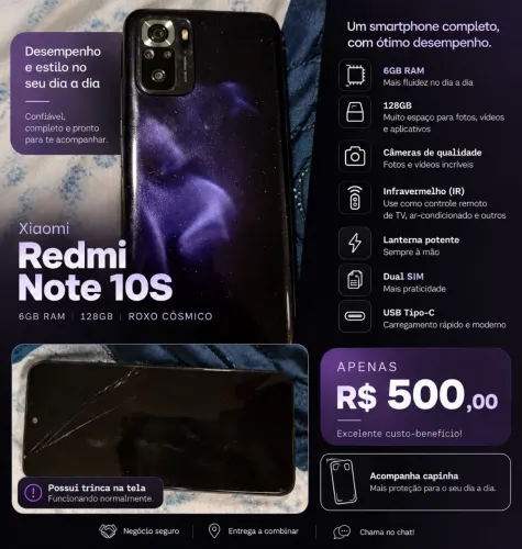 XIAOMI REDMI NOTE 10S - 6GB DE RAM/ 128 GB - EDIÇÃO LIMITADA ROXO CÓSMICO