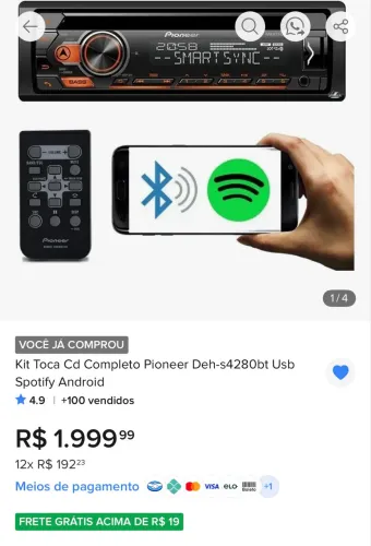 CD/Mp3/Usb/Bluetooth/Pioneer/DEH-S4280bt/Nacional/lacrado na caixa 
