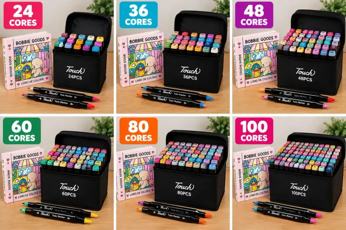 Kit Livro de Colorir Bobbie Goods + 48 Canetinhas Touch Ponta Dupla com Estojo