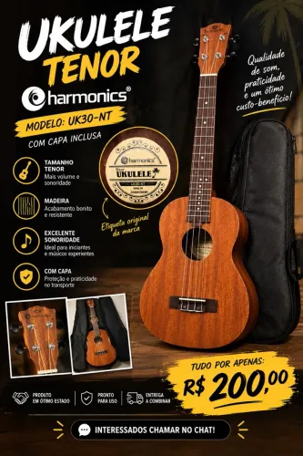 Ukulele Tenor Harmonics UK30-NT de Madeira + Capa | R$ 200