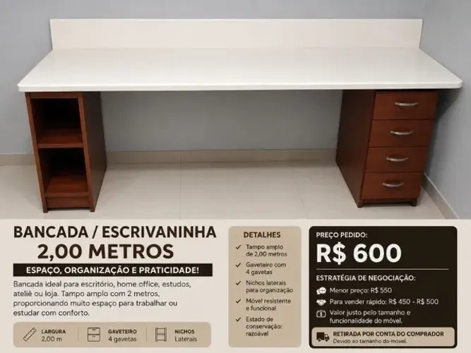 Bancada / Escrivaninha 2,00 m com 4 Gavetas e Nichos