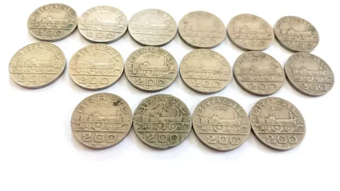 Lote de 16 moedas de 200 réis de níquel série personalidades Visconde de Mauá