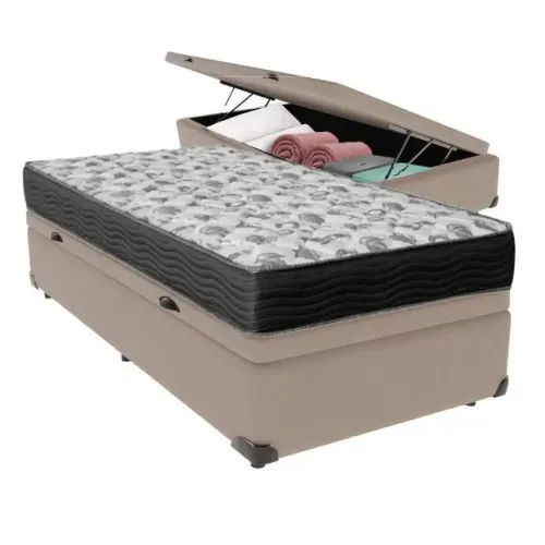 Base Box Baú Solteiro Bege com Colchão Solteiro D33 Ortobom - Entrega Rápida!