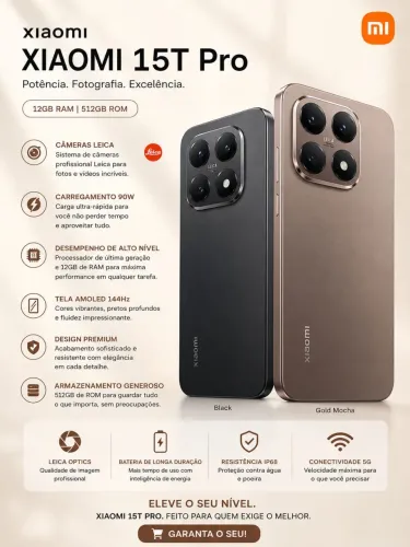 Xiaomi 15T Pro 12/512GB Gold e Black Câmeras Leica 90W Turbo Charge  