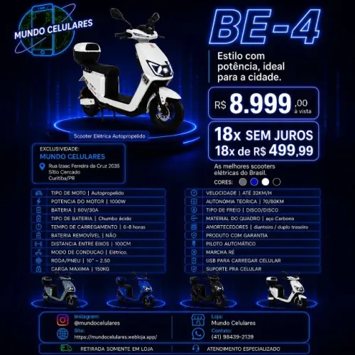 SCOOTER ÉLETRICA BE-4 AUTOPROPELIDO - 3 MESES GARANTIA LOJA